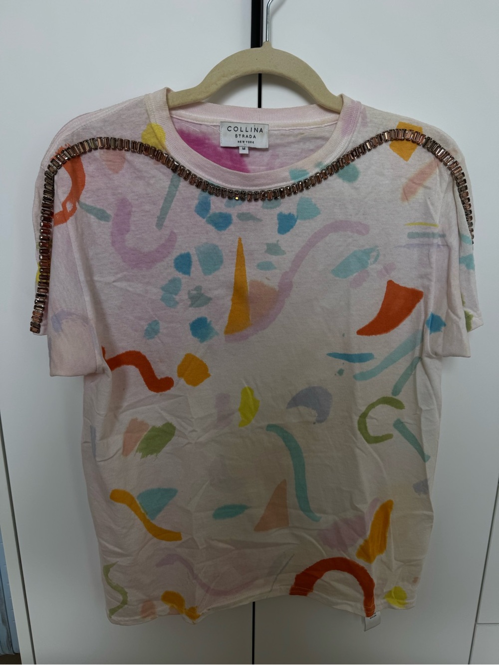 Collina Strada Abstract Print Tee with Beaded Shoulder Trim